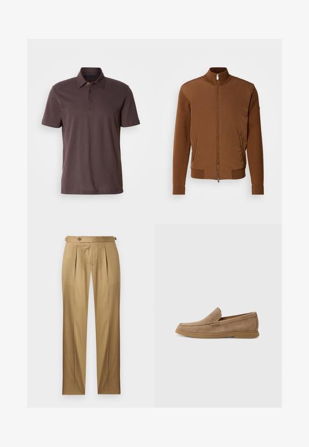 Barna bomberdzseki sima anyagú elülső résszel, bordás kötött ujjaival és gallérjával, két oldalsó zsebbel és cipzáras elülső nyitással.; Rövid ujjú sötétbarna pólóing gallérral és három barna gombbal az elején, fehér háttéren bemutatva.; Betétes egyenes szabású bézs nadrág, redőkkel, gombos záródással és övbújtatókkal. Simább anyag, tiszta, szabott megjelenéssel.; Barna velúr slip-on loaferek sima felülettel és varrott részletezéssel; gumitalppal a tapadás érdekében.