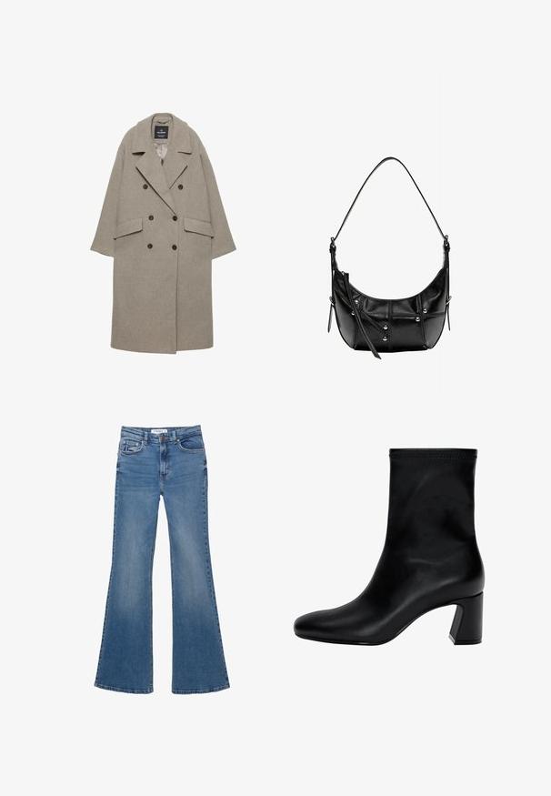 Šedý dvouřadý kabát z vlněné směsi, s velkými klopami, dvěma předními kapsami a šesti černými knoflíky na přední straně.; Světle modrý svetr vyrobený z měkké látky, s kulatým výstřihem, dlouhými rukávy a žebrovanými manžetami a spodním lemem. Hladká textura, ležérní design.; Modré džínové kalhoty s rozšířenými nohavicemi, předními a zadními kapsami, poutky na opasek a zapínáním na knoflík, ležící na bílém pozadí.; Černé kotníkové boty vyrobené z hladké kůže. Mají čtveratou špičku, elastický vršek a masivní podpatek pro stabilitu. Minimalistický design.; Černá kožená taška přes rameno s zakřiveným tvarem, zdobená stříbrnými hřebíky a švy. Nastavitelný popruh pro univerzálnost.