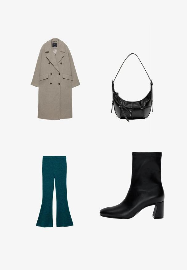 Sivi dvoredni kaput napravljen od mješavine vune, sa velikim reverima, dva prednja džepa i šest crnih dugmadi sprijeda.; Svjetloplavi džemper od mekog materijala, s okruglim izrezom, dugim rukavima i rebrastim manžetama i rubom. Glatka tekstura, ležeran dizajn.; Tirkizne široke hlače izrađene od mekog, teksturiranog materijala, s uskim pojasom i dizajnom sličnim zvonu za opušteni kroj.; Crne gležnjače od glatke kože. Imaju kvadratni vrh, elastični gornji dio i masivnu petu za stabilnost. Minimalistički dizajn.; Crna kožna torba preko ramena s zakrivljenim oblikom, ukrašena srebrnim zakovicama i detaljima šavova. Podesiva traka za svestranost.