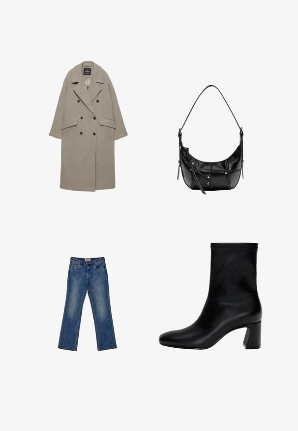 Siv plašč s dvojno zapenjanjem, izdelan iz volnene mešanice, z velikimi reverji, dvema sprednjima žepoma in šestimi črnimi gumbi spredaj.; Svetlo modra pulover iz mehkega materiala, z okroglo ovratnikom, dolgimi rokavi ter rebrastimi manšetami in robom. Gladka tekstura, sproščen oblikovanje.; Istrošeni modri jeans z ravnim krojem, petimi žepi in diskretnim postranskim nagubanim izgledom na sprednji strani. Zapenjanje z zgornjim gumbom in zadrgo.; Črne gležnjarje iz gladke usnjene obutve. Imajo kvadratni nos, elastičen vrh in široko peto za stabilnost. Minimalističen dizajn.; Črna usnjena torba za ramo s krivuljasto obliko, okrašena z srebrnimi žebljički in šivi. Nastavljiv trak za prilagodljivost.