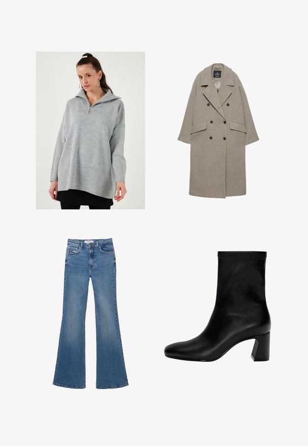 Sivi dvoredni kaput napravljen od mješavine vune, sa velikim reverima, dva prednja džepa i šest crnih dugmadi sprijeda.; Svijetlosivi pulover s visokim ovratnikom i polu-rajfeslom. Sadrži teksturiranu ploču na izrezu i labav, opušteni kroj.; Plave traperice s lepršavim nogavicama, s prednjim i stražnjim džepovima, petljama za remen i zatvaranjem na dugme, položene ravno na bijeloj pozadini.; Crne gležnjače od glatke kože. Imaju kvadratni vrh, elastični gornji dio i masivnu petu za stabilnost. Minimalistički dizajn.