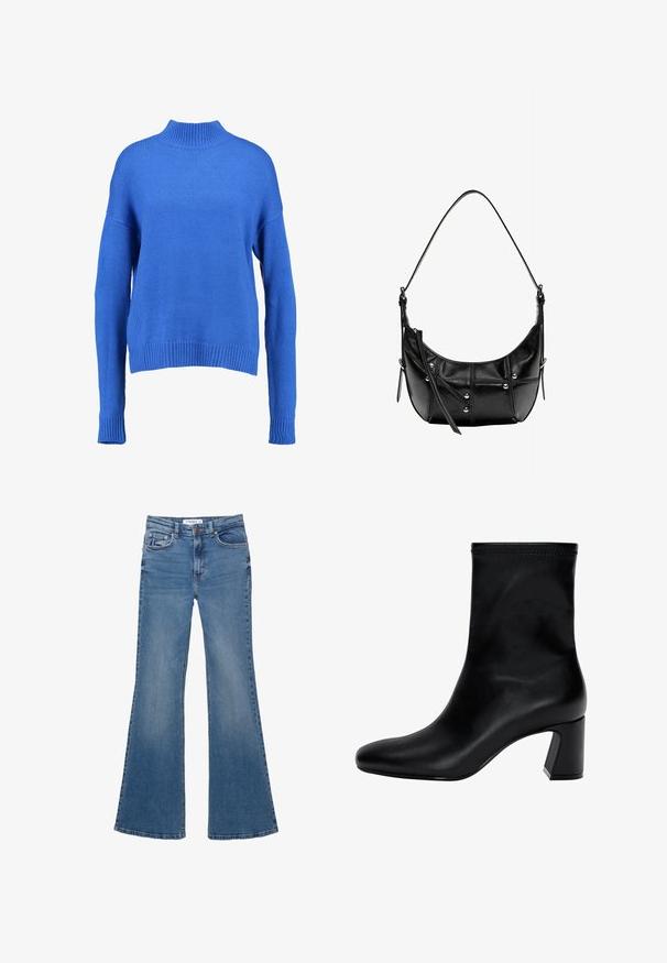 Cappotto grigio doppiopetto in misto lana, con ampi risvolti, due tasche frontali e sei bottoni neri sul davanti.; Maglione blu lavorato a maglia con collo alto, maniche ampie e orlo a coste. Presenta una trama testurizzata e una vestibilità morbida per il massimo comfort.; Jeans in denim blu a gamba larga con tasche frontali e posteriori, passanti per cintura e chiusura a bottone, posati su uno sfondo bianco.; Stivaletto nero fino alla caviglia in pelle liscia. Presenta una punta quadrata, un bordo elastico e un tacco robusto per la stabilità. Design minimalista.; Borsa a spalla in pelle nera con forma curvata, caratterizzata da borchie in argento e dettagli cuciti. Tracolla regolabile per versatilità.