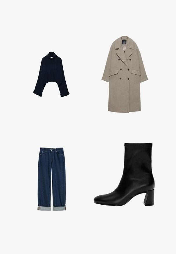 Grau doppelt geknöpfter Mantel aus Wollmischung, mit großen Revers, zwei vorderen Taschen und sechs schwarzen Knöpfen auf der Vorderseite.; Dunkelblauer gerippter Rollkragenpullover mit einem cropped Design und weiten Ärmeln, der einen umgeschlagenen Kragen und gefaltete Bündchen aufweist. Weicher Stoff.; Dunkelblaue Jeans aus Denim mit geradem Bein, umgeschlagenen Säumen, sichtbarem Stich und klassischem Fünf-Taschen-Stil.; Schwarzer Knöchelstiefel aus glattem Leder. Mit quadrater Zehenpartie, elastischem Schaft und einem stabilen Blockabsatz. Minimalistisches Design.