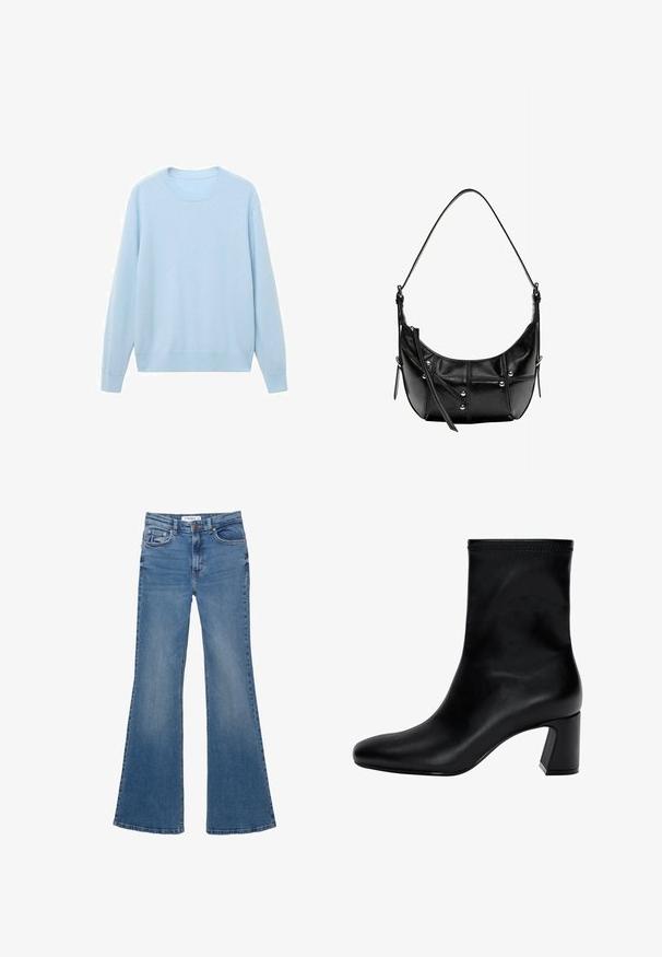 Siv plašč s dvojno zapenjanjem, izdelan iz volnene mešanice, z velikimi reverji, dvema sprednjima žepoma in šestimi črnimi gumbi spredaj.; Svetlo modra pulover iz mehkega materiala, z okroglo ovratnikom, dolgimi rokavi ter rebrastimi manšetami in robom. Gladka tekstura, sproščen oblikovanje.; Modri jeans s širokimi hlačnicami, s sprednjimi in zadnjimi žepi, petimi pasnimi zankami in gumbom za zapiranje, položeni na belo podlago.; Črne gležnjarje iz gladke usnjene obutve. Imajo kvadratni nos, elastičen vrh in široko peto za stabilnost. Minimalističen dizajn.; Črna usnjena torba za ramo s krivuljasto obliko, okrašena z srebrnimi žebljički in šivi. Nastavljiv trak za prilagodljivost.