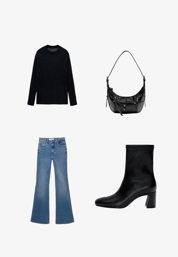 Grau doppelt geknöpfter Mantel aus Wollmischung, mit großen Revers, zwei vorderen Taschen und sechs schwarzen Knöpfen auf der Vorderseite.; Schwarzer Strickpullover mit Rundhalsausschnitt, langen Ärmeln und einer lässigen Passform. Weicher Stoff, minimalistisches Design, keine Muster oder Akzente.; Blaue Jeans im Schlagstil mit Vorder- und Hintertaschen, Gürtelschlaufen und Knopfverschluss, flach auf einem weißen Hintergrund ausgelegt.; Schwarzer Knöchelstiefel aus glattem Leder. Mit quadrater Zehenpartie, elastischem Schaft und einem stabilen Blockabsatz. Minimalistisches Design.; Schwarze Leder-Schultertasche mit einer geschwungenen Form, die silberne Nieten und eine Stichverzierung aufweist. Verstellbarer Riemen für Vielseitigkeit.