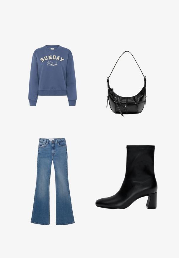 Grijze dubbelzijdige jas van een wolmix, met grote revers, twee voorzakken en zes zwarte knopen aan de voorkant.; Blauwe ronde-neck sweatshirt met "SUNDAY Club" in witte, textuur letters op de voorkant en lange geribbelde mouwen.; Blauwe denim flared jeans met voor- en achterkantzakken, riemlussen en knoopsluiting, plat gelegd op een witte achtergrond.; Zwarte enkellaars van soepel leer. Heeft een vierkante neus, een elastische bovenkant en een chunky hak voor stabiliteit. Minimalistisch ontwerp.; Zwarte leren schoudertas met een gebogen vorm, uitgerust met zilveren studs en stiksel details. Verstelbare band voor veelzijdigheid.