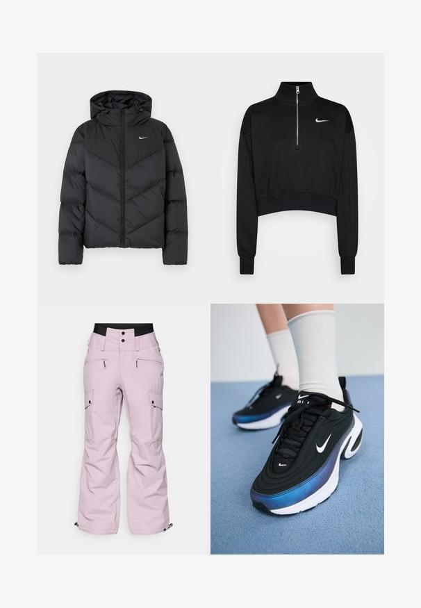 Black puffer jacket featuring a zip closure and a hood. Chevron pattern on the body, with a small white logo on the chest. Smooth texture.; Black cropped sweatshirt with a high collar, half-zip closure, ribbed cuffs, and a small white Nike logo on the left chest. Soft fabric texture.; Pink snow pants with a relaxed fit, featuring multiple pockets, a wide waistband, zipper accents, and elastic cuffs at the ankles.; Black Nike sneakers with a smooth fabric upper, featuring a gradient blue-to-black design, white sole, and prominent logo accents.