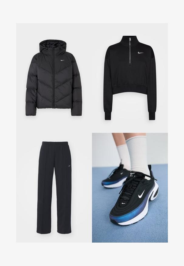 Casaco puffer preto com fecho de correr e capuz. Padrão em zigue-zague no corpo, com um pequeno logotipo branco no peito. Textura suave.; Sweatshirt preto cortado com colarinho alto, fecho de meia-zíper, punhos com nervuras e um pequeno logótipo branco da Nike no lado esquerdo do peito. Tecido de textura suave.; Calças de jogging Nike pretas com uma cintura elástica e bolsos laterais, apresentando um pequeno logótipo branco na perna esquerda e um corte reto.; Sapatilhas Nike pretas com um upper de tecido suave, apresentando um design em gradiente de azul para preto, sola branca e acentos de logotipo proeminentes.