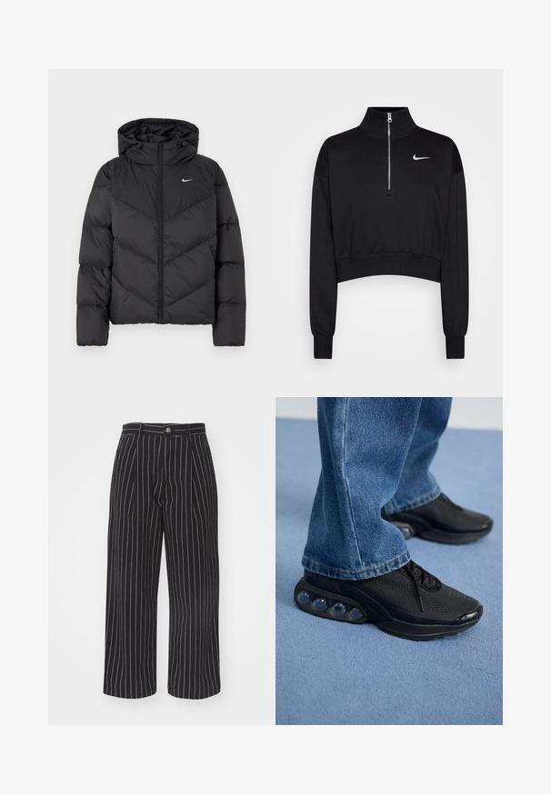 Black puffer jacket featuring a zip closure and a hood. Chevron pattern on the body, with a small white logo on the chest. Smooth texture.; Black cropped sweatshirt with a high collar, half-zip closure, ribbed cuffs, and a small white Nike logo on the left chest. Soft fabric texture.; Black pinstriped wide-leg trousers with a high waistband, featuring a front button closure and subtle textured fabric.; Black athletic sneakers with mesh upper, textured accents, and visible air cushioning pods in the sole. Worn with blue denim jeans.
