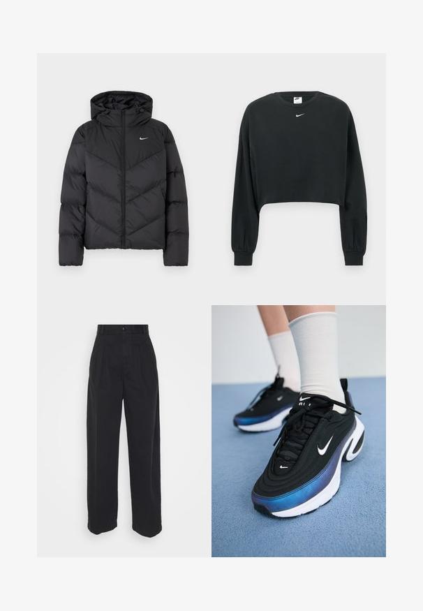Crni puffer kaput s patentnim zatvaračem i kapuljačom. Chevron uzorak na tijelu, s malim bijelim logotipom na prsima. Glatka tekstura.; Crna skraćena majica dugih rukava od pamučne mješavine, s rebrastim manšetama i malim bijelim Nike logotipom na prsima.; Crne široke hlače izrađene od pamuka s glatkom teksturom, s prednjim kopčanjem na dugme i dva bočna džepa.; Crne Nike tenisice s glatkom tkaninom, s gradijentnim dizajnom od plave do crne boje, bijelim potplatom i istaknutim logotipovima.