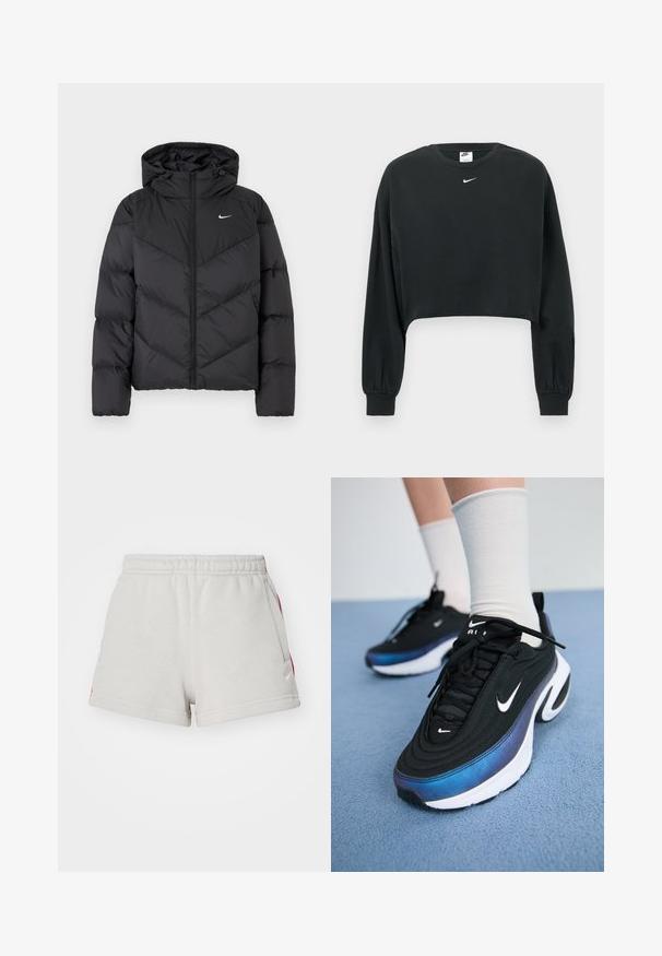 Juodas pūkinis švarkas su užtrauktuku ir gobtuvu. Kūno chevrono raštas, ant krūtinės yra mažas baltas logotipas. Glotni tekstūra.; Juodas trumpintas džemperis iš medvilnės mišinio, su ilgomis rankovėmis, ribotais rankogaliais ir mažu baltu „Nike“ logotipu ant krūtinės.; Pilki medvilniniai šortai su raišteliu juose, šoninėmis kišenėmis ir raudonomis akcentų juostelėmis. Yra nedidelis baltas logotipas apatinėje kairėje pusėje.; Juodi Nike sportbačiai su glotna audinio viršutine dalimi, turintys gradientinį mėlynos ir juodos spalvos dizainą, baltą pado dalį ir akcentuotus logotipus.
