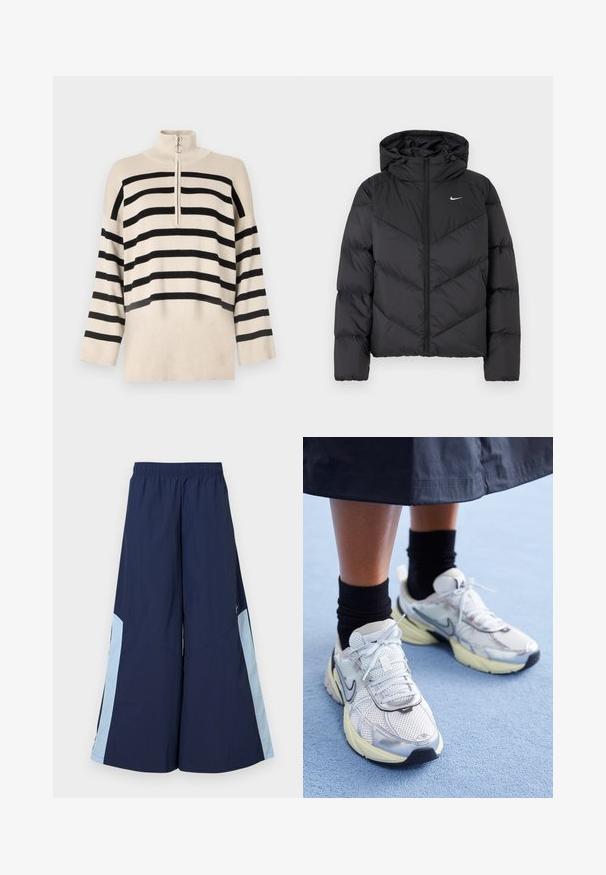 Crni puffer kaput s patentnim zatvaračem i kapuljačom. Chevron uzorak na tijelu, s malim bijelim logotipom na prsima. Glatka tekstura.; Bež džemper s crnim horizontalnim prugama, visokim ovratnikom i zatvaranjem na četvrtinu zipa. Napravljen od pletene tkanine s širokim rukavima.; Morski široki hlače s elastičnim pojasom, s svijetloplavim bočnim panelima i glatkom teksturom. Dizajnirane za udobnost i lakoću kretanja.; Bijele i srebrne Nike tenisice od mrežaste tkanine, s reflektirajućim detaljima i bež potplatom. Nosi se s crnim čarapama, stojeći na plavoj površini.