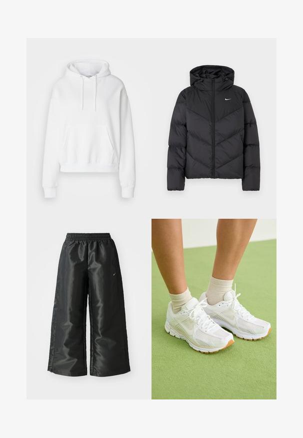 Czarna kurtka puchowa z zamkiem błyskawicznym i kapturem. Wzór w chevron na korpusie, z małym białym logo na klatce piersiowej. Gładka textura.; Biała, kapturowa bluza z kieszenią z przodu, ściągaczami przy mankietach i u dołu. Wykonana z miękkiego materiału, luźny krój, z sznurkami przy kapturze.; Czarne spodnie sportowe z błyszczącego, gładkiego materiału, z elastycznym paskiem w talii, szerokimi nogawkami i małym logo po lewej stronie.; Białe buty sportowe z siateczkowej tkaniny, gumowymi podeszwami i beżowymi dodatkami. Noszone z jasnymi skarpetami na zielonej powierzchni.