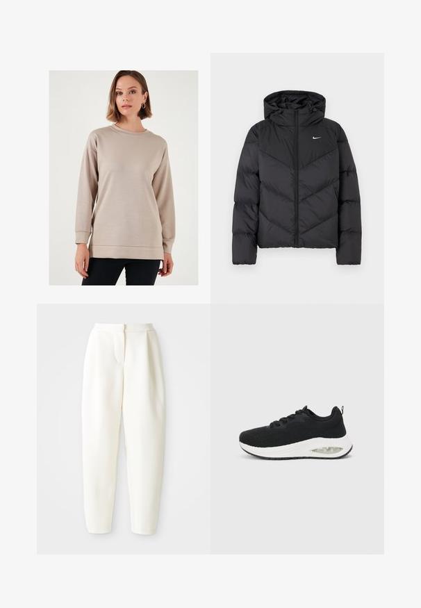 Crni puffer kaput s patentnim zatvaračem i kapuljačom. Chevron uzorak na tijelu, s malim bijelim logotipom na prsima. Glatka tekstura.; Svijetlosmeđi dukserica s okruglim izrezom, dugim rukavima i opuštenim krojem. Ima glatku teksturu te rebraste manžete i donji rub.; Bijele hlače visokog struka sužene kroja s skrivenim prednjim kopčanjem i bočnim džepovima, prikazane na jednostavnoj bijeloj pozadini.; Crne atletske tenisice s teksturiranim pletivom na gornjem dijelu, bijelim međusohom i vidljivim detaljima zračnog jastučića. Imaju crne vezice i traku za povlačenje.