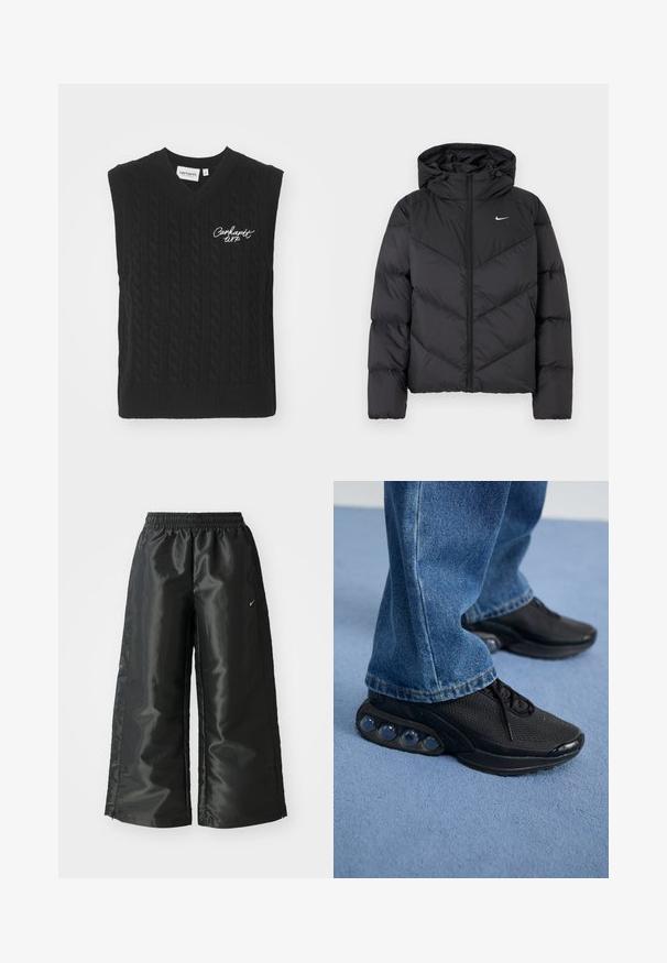 Geacă puf neagră cu închidere cu fermoar și glugă. Model în dungi pe corp, cu un mic logo alb pe piept. Textură netedă.; Carhartt WIP SIGNATURE - Pulover - black/wax; Pantaloni sportivi negri dintr-un material lucios si neted, dotati cu o talie elastica, picioare late si un logo mic pe partea stanga.; Adidași sport negri cu parte superioară din plasă, accente texturate și capsule de amortizare vizibile în talpă. Purtați cu blugi albaștri.