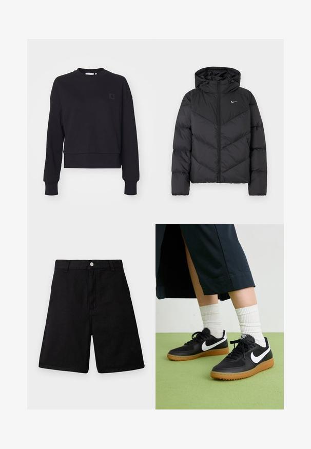 Doudoune noire avec fermeture éclair et capuche. Motif en chevrons sur le corps, avec un petit logo blanc sur la poitrine. Texture lisse.; Sweatshirt noir court avec manches longues, col rond et poignets à côtes. Présente une petite étiquette logo noire sur la poitrine gauche. Texture douce.; Shorts noirs en tissu durable, dotés d'un design à coupe droite, de poches avant, d'une braguette zippée et d'une fermeture à bouton métal.; Baskets noires en cuir et synthétique avec le swoosh blanc de Nike, semelle en caoutchouc, bout rond et lacets noirs. Chaussettes blanches côtelées visibles.