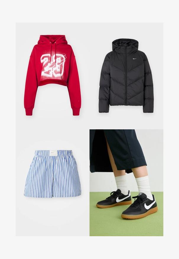 Czarna kurtka puchowa z zamkiem błyskawicznym i kapturem. Wzór w chevron na korpusie, z małym białym logo na klatce piersiowej. Gładka textura.; Czerwona, krótka bluza z kapturem, z regulowanym sznurkiem i białym nadrukiem na przodzie, zawierającym numer "23" oraz elementy graficzne. Miękki materiał, luźny krój.; Niebieskie i białe szorty w paski z elastycznym paskiem w talii oraz metką z logo Nike. Wykonane z lekkiego materiału o gładkiej fakturze.; Czarne skórzane i syntetyczne sneakersy z białym logo Nike, gumową podeszwą, okrągłym noskiem i czarnymi sznurowadłami. Widziane są ribbowane białe skarpetki.