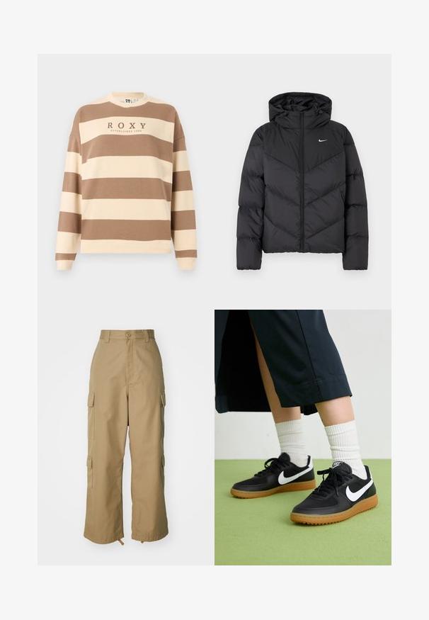 Chaqueta tipo puff negra con cierre de cremallera y capucha. Patrón de chevrón en el cuerpo, con un pequeño logo blanco en el pecho. Textura suave.; Sudadera a rayas marrón y crema con cuello redondo y hombros caídos. Presenta "ROXY ESTABLECIDO 1990" en el centro. Material de mezcla de algodón.; Pantalones cargo beige con cintura alta, piernas amplias y cuatro grandes bolsillos laterales. Fabricados con un tejido duradero y una textura suave, con un detalle mínimo.; Zapatillas de cuero negro y sintético con el swoosh blanco de Nike, suela de goma, punta redonda y cordones negros. Calcetines blancos acanalados visibles.