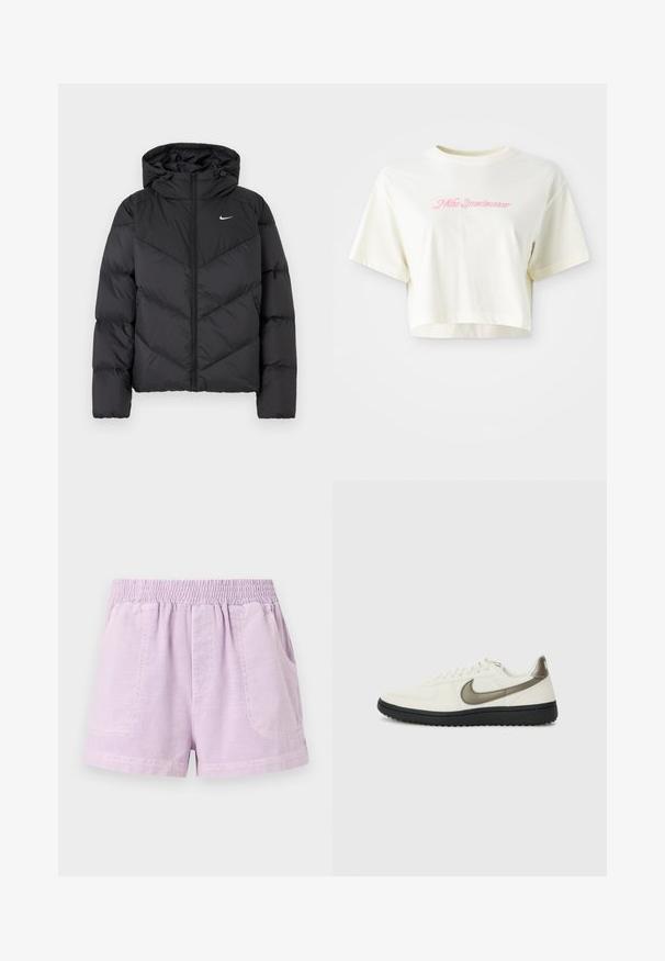 Black puffer jacket featuring a zip closure and a hood. Chevron pattern on the body, with a small white logo on the chest. Smooth texture.; Cropped, cream-colored t-shirt made of cotton. Features a pink embroidered logo that reads "Nike Sportwear." Short sleeves and a round neckline.; Lilac shorts made from lightweight fabric with an elastic waistband, featuring two front pockets and a relaxed fit.; Nike Sportswear FIELD GENERAL - Trainers - off-white/black