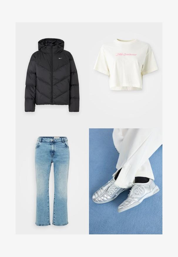 Casaco puffer preto com fecho de correr e capuz. Padrão em zigue-zague no corpo, com um pequeno logotipo branco no peito. Textura suave.; T-shirt cortada, de cor creme, feita de algodão. Apresenta um logo bordado em rosa que diz "Nike Sportwear". Com mangas curtas e gola redonda.; Jeans de denim azul-claro com corte reto, apresentando um fecho com botão, cinco bolsos e desbotamento subtil nos joelhos.; Tênis atléticos prateados com um acabamento liso e brilhante, apresentando um design costurado e o número 90 na lateral, combinados com calças brancas.