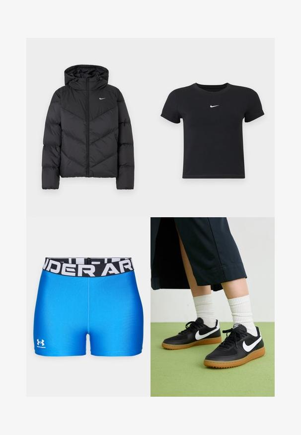 Zwarte pufferjack met een ritssluiting en een capuchon. Chevronpatroon op het lichaam, met een klein wit logo op de borst. Glad textuur.; Zwarte katoenen t-shirt met korte mouwen en ronde hals. Voorzien van een wit Nike-logo op de borst, minimalistisch ontwerp en een aansluitende pasvorm.; Blauwe sportshorts met een zwarte tailleband waarop in witte letters "UNDER ARMOUR" staat. Gladde textuur, aansluitend ontwerp en logo aan de zoom.; Zwarte leren en synthetische sneakers met witte Nike swoosh, rubberen gumzool, ronde neus en zwarte veters. Geribbelde witte sokken zichtbaar.