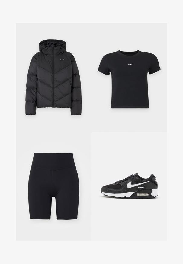 Svart puffjacka med dragkedja och huva. Chevron-mönster på kroppen, med en liten vit logotyp på bröstet. Slät textur.; Svart kortärmad t-shirt i bomull med rund halsringning. Har en vit Nike-logotyp på bröstet, minimalistisk design och figurnära passform.; Svarta högmidjade cykelshorts gjorda av stretchmaterial, med platta sömmar och längd till mitten av låret. Inga mönster eller accenter.; Nike Air Max sneakers med en överdel i svart mesh och läder, vita detaljer, synlig luftkuddar och en strukturerad gummisula.