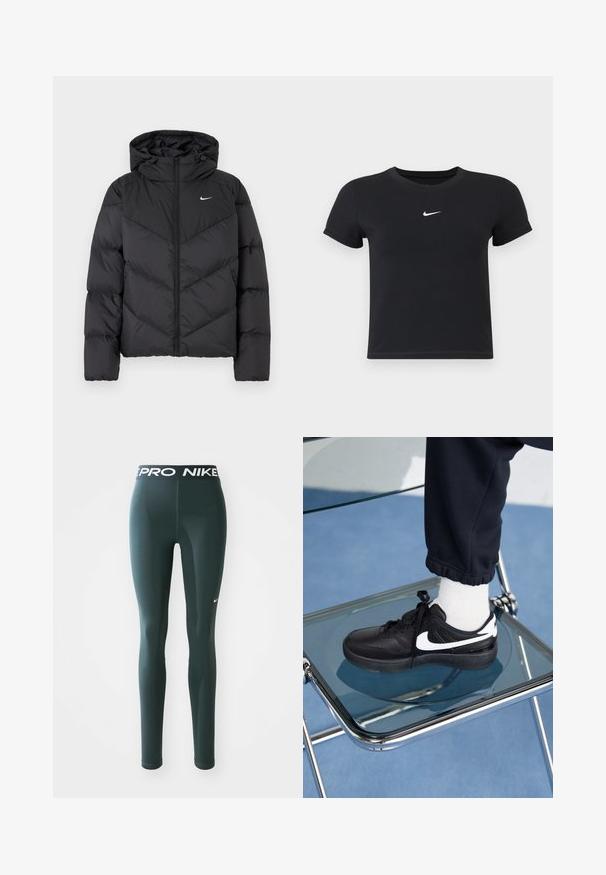 Giubbotto puffer nero con chiusura a zip e cappuccio. Motivo a chevron sul corpo, con un piccolo logo bianco sul petto. Texture liscia.; T-shirt nera a maniche corte in cotone con scollatura rotonda. Presenta un logo Nike bianco sul petto, un design minimalista e una forma aderente.; Leggings verde scuro in materiale elastico, dotati di una cintura ampia con il logo "PRO NIKE" e un piccolo swoosh bianco di Nike sul lato.; Sneakers Nike neri con accenti bianchi, caratterizzati da una superficie in pelle liscia, design con lacci e punta rotonda, posizionati su una sedia di vetro.