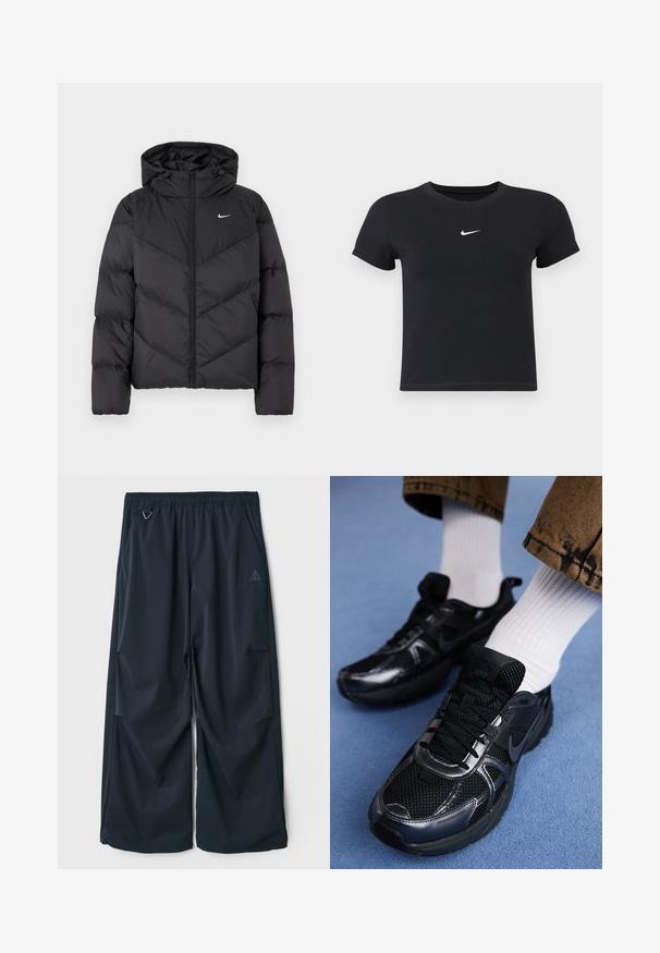 Črna puhovka z zadrgo in kapuco. Chevron vzorec na telesu, z majhnim belim logotipom na prsih. Gladka tekstura.; Črna kratka majica z rokavi iz bombaža s krožnim vratnim izrezom. Ima bel Nike logotip na prsih, minimalističen dizajn in oprijet kroj.; Temno modri široki hlače z elastičnim pasom, ki imajo dve stranski žepi in majhen trikotni logotip na levi strani. Gladek tekstur.; Črne športne čevlje Nike imajo mrežasto zgornji del s sijočimi akcenti, črne vezalke in teksturiran podplat. Ujemajo se z belimi rebrastimi nogavicami.