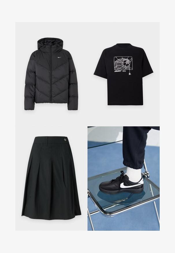 Black puffer jacket featuring a zip closure and a hood. Chevron pattern on the body, with a small white logo on the chest. Smooth texture.; Black T-shirt made of cotton with short sleeves. Features a white spider web graphic and logo on the front. Simple rounded neckline.; Black pleated skirt made of lightweight fabric, featuring a button closure, a smooth texture, and an A-line shape.; Black Nike sneakers with white accents, featuring a smooth leather texture, lace-up design, and rounded toe, positioned on a glass chair.