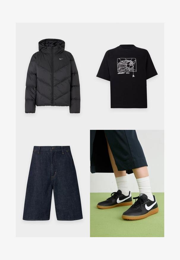 Casaco puffer preto com fecho de correr e capuz. Padrão em zigue-zague no corpo, com um pequeno logotipo branco no peito. Textura suave.; T-shirt preta feita de algodão com mangas curtas. Apresenta uma gravação de teia de aranha branca e um logótipo na parte da frente. Possui um decote simples em forma redonda.; Calções de ganga azul escuro com corte reto, apresentando um fecho de botão, cinco bolsos e costura amarela visível ao longo das costuras.; Sapatilhas pretas em couro e sintético com o logo da Nike em branco, sola de borracha tipo goma, bico redondo e atacadores pretos. Meias brancas com frunces visíveis.