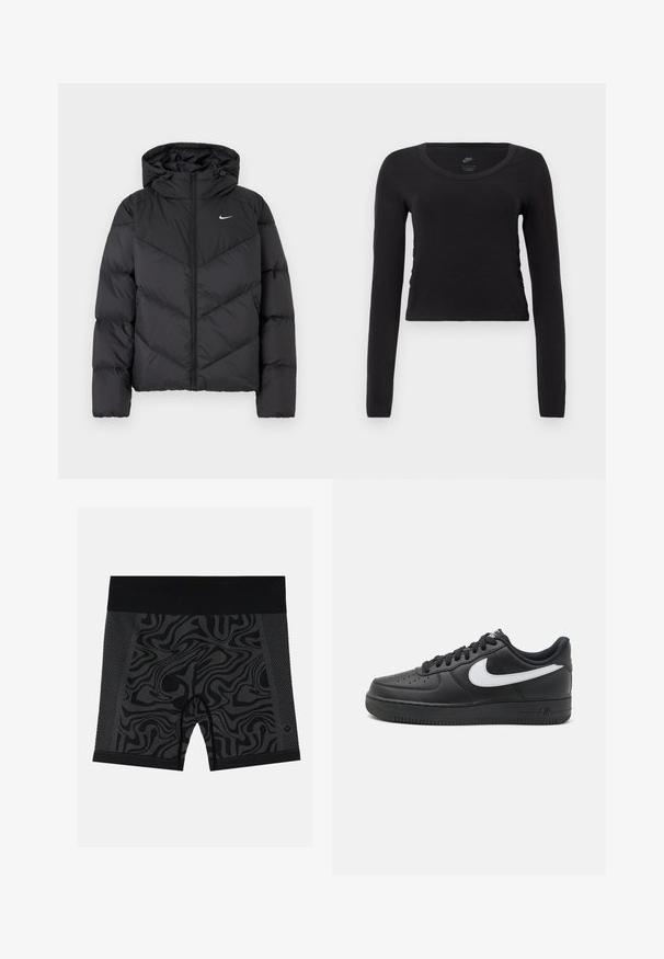 Doudoune noire avec fermeture éclair et capuche. Motif en chevrons sur le corps, avec un petit logo blanc sur la poitrine. Texture lisse.; T-shirt court à manches longues en coton noir uni. Présente un col rond et un léger détail de fronces sur les côtés pour un look ajusté.; Shorts de sport noirs présentant un motif ondulé, des accents en maille sur les côtés et une taille noire unie. Tissu lisse et extensible.; Baskets Nike Air Force 1 noires avec une tige en cuir lisse, accent de logo blanc, bout perforé et semelle en caoutchouc texturé.