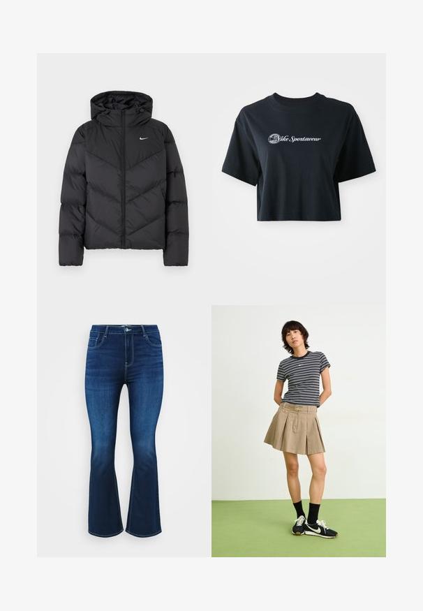 Črna puhovka z zadrgo in kapuco. Chevron vzorec na telesu, z majhnim belim logotipom na prsih. Gladka tekstura.; Skrajno odrezana črna bombažna majica s kratkimi rokavi, z belim napisom "Vice Sportswear" in krožno grafiko spredaj.; Temno modri široki kavbojke izdelane iz denim materiala, z obliko petih žepov, zadrgo in gumbom, ter kontrastnim šivanjem ob šivih.; T-shirt s črno-bešnimi črtami, bež nabran krilo, črni športni copati z belimi poudarki, oblečeni z črnimi nogavicami do gležnjev.