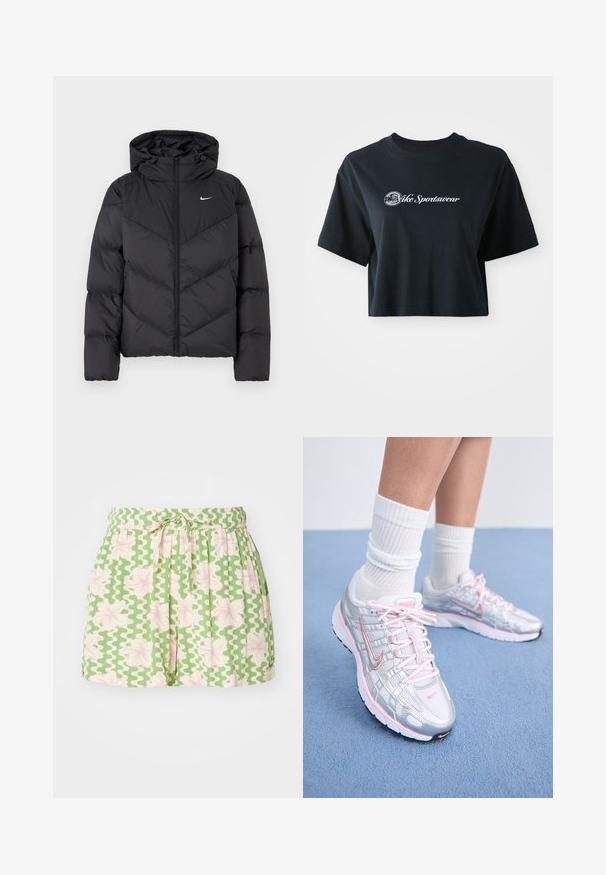 Črna puhovka z zadrgo in kapuco. Chevron vzorec na telesu, z majhnim belim logotipom na prsih. Gladka tekstura.; Skrajno odrezana črna bombažna majica s kratkimi rokavi, z belim napisom "Vice Sportswear" in krožno grafiko spredaj.; Zelene kratke hlače z belim valovitim vzorcem in rožnatimi cvetličnimi akcenti. Imajo elastičen pas in nastavljivo vezavo. Narejene so iz lahkega materiala.; Nike tekaške čevlje z srebrno mrežasto zgornjico in rožnatimi poudarki, belimi vezalkami in teksturirano podplatom. Oblečeni so z belimi bombažnimi športnimi nogavicami.