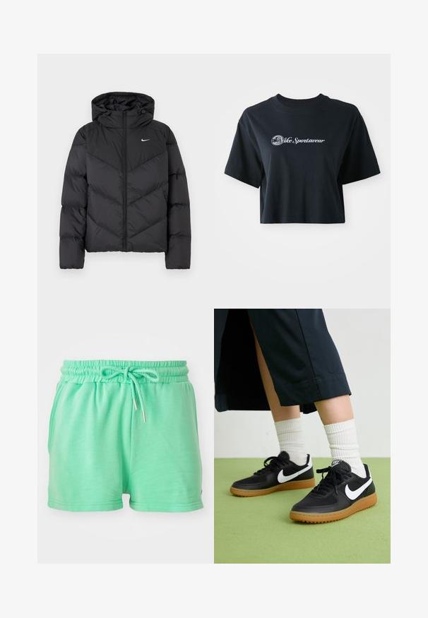 Čierna prešívaná bunda s náZipom a kapucňou. Tvarovaná vzorka na tele, s malým bielym logom na hrudi. Hladký povrch.; Zastrihnuté čierne bavlnené tričko s krátkymi rukávmi, so bielym textom "Vice Sportswear" a kruhovou grafikou na prednej strane.; Mätové šortky vyrobené z jemného materiálu, s elastickým pásom a nastaviteľnou šnúrkou, so bočnými vreckami.; Čierne kožené a syntetické tenisky so bielym logom Nike, gumenou podrážkou, okrúhlou špičkou a čiernymi šnúrkami. Viditeľné biele pruhované ponožky.