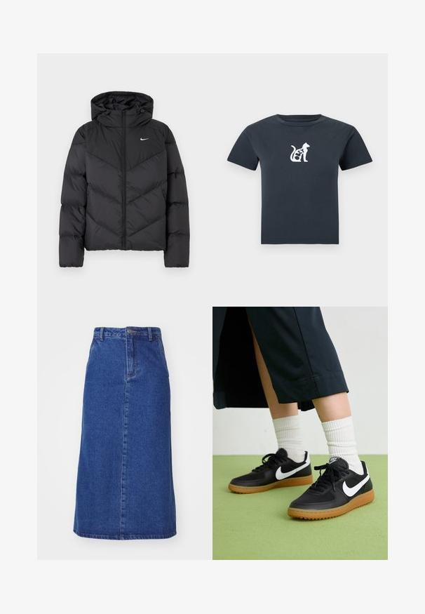 Casaco puffer preto com fecho de correr e capuz. Padrão em zigue-zague no corpo, com um pequeno logotipo branco no peito. Textura suave.; T-shirt de mangas curtas cinza escuro com uma pequena ilustração de um gato branco e a palavra "OLEY" integrada no corpo do gato, no peito.; Saia de ganga em azul escuro, com uma cintura ajustada, silhueta reta e costuras frontais, com uma bainha que cai abaixo do joelho.; Sapatilhas pretas em couro e sintético com o logo da Nike em branco, sola de borracha tipo goma, bico redondo e atacadores pretos. Meias brancas com frunces visíveis.