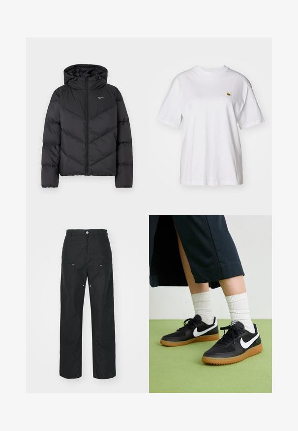 Black puffer jacket featuring a zip closure and a hood. Chevron pattern on the body, with a small white logo on the chest. Smooth texture.; White cotton t-shirt with a relaxed fit, short sleeves, and a small embroidered logo on the left chest area.; Black trousers with a straight-leg design, made of a textured fabric. Features decorative silver hardware and unique seam detailing.; Black leather and synthetic sneakers with white Nike swoosh, rubber gum sole, round toe, and black laces. Ribbed white socks visible.