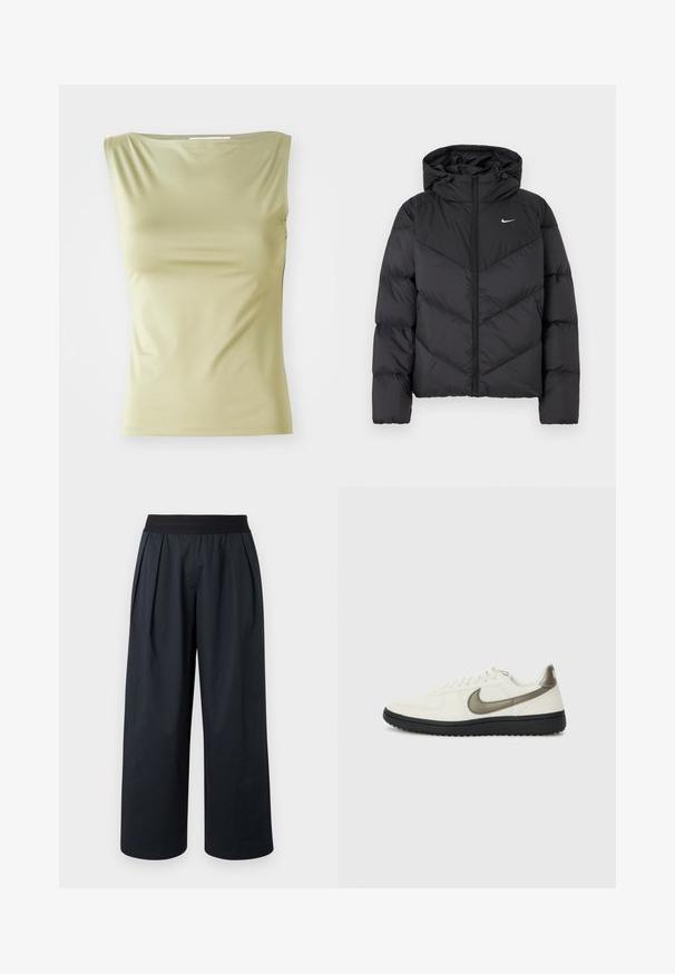 Casaco puffer preto com fecho de correr e capuz. Padrão em zigue-zague no corpo, com um pequeno logotipo branco no peito. Textura suave.; Top sem mangas verde claro, feito de um tecido suave, com um decote redondo e uma silhueta ajustada com costuras laterais discretas.; Calças pretas de perna larga com frente pregueada, cintura elástica e textura de tecido suave. Apresentam um corte solto e comprimento cropped.; Nike Sportswear FIELD GENERAL - Sapatilhas - off-white/black