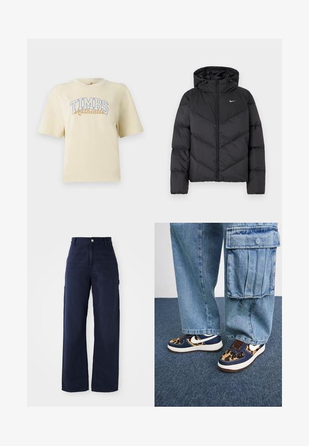 Svart pufferjakke med glidelås og hette. Chevron-mønster på kroppen, med en liten hvit logo på brystet. Glatt tekstur.; Kremfarget t-skjorte med korte ermer som har "TIMBS Authentic" i blå og gull bokstaver. Laget av myk bomull med en avslappet passform.; Marineblå vide bukser med cargo-design laget av solid bomullsstoff, med sidelommer og knappelukking i midjen.; Mørkeblå sneakers med leopardmønstrede detaljer, hvit Nike-svosh, brune snører og hvit mellomsåle. Kombinert med lyse denim cargo-bukser.