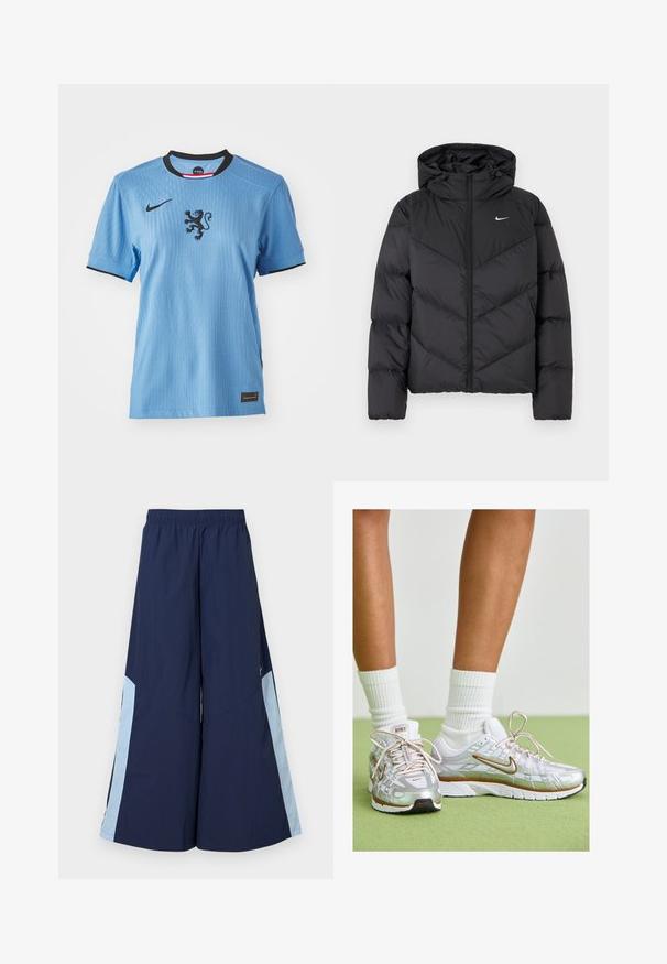 Must must jacket, milleluku ja kapuutsiga. Keha chevron muster, rinnal väike valge logo. Sujuv tekstuur.; Hele Sinine Nike jersü eliõlga, musta kaelusega ja keskel lõvijoonistus. Tekstuuriga kangas, millel on peened sooned.; Tumed laiad püksid elastse vöökoha ja helesiniste külgpaneelidega, millel on sile tekstuur. Disainitud mugavuseks ja liikumise lihtsuseks.; Hõbedased spordijalatsid, millel on valged ja kuldsed aktsendid, kaetud sõrestikuga ülemise osa, kummist tallaga ning peegeldava viimistlusega. Sokid paistavad üle pahkluude.