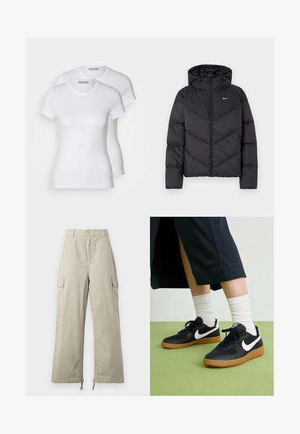 Crni puffer kaput s patentnim zatvaračem i kapuljačom. Chevron uzorak na tijelu, s malim bijelim logotipom na prsima. Glatka tekstura.; Dvije bijele pamučne majice kratkih rukava, s okruglim izrezima i uskim krojem, s glatkom teksturom i minimalističkim dizajnom.; Svijetlosmeđi cargo hlače s opuštenim krojem, s gumbom za zatvaranje, bočnim džepovima i podesivim rubom s vezicama. Glatka tekstura tkanine.; Crne kožne i sintetičke tenisice s bijelim Nike swooshom, gumeni potplat, okrugli vrh i crne vezice. Vidljive rebraste bijele čarape.