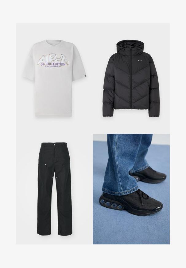 Musta puhvijakku, jossa on vetoketjukiinnitys ja huppu. Chevron-kuvio kehossa, pieni valkoinen logo rinnassa. Sileä pinta.; Valkoinen lyhythihainen t-paita pyöreällä kaula-aukolla, jossa on kiiltävä, monivärinen "ALPHA STUDIO EDITION" -logo edessä.; Mustat housut suoralla lahjesuunnittelulla, valmistettu tekstuuritetusta kankaasta. Sisältää koristeellista hopeista metalliosaa ja ainutlaatuista sauman yksityiskohtaa.; Mustat urheilukengät, joissa on verkkomateriaali, teksturoituja yksityiskohtia ja näkyvät ilmatyynyllä varustetut pohjat. Yhdistettynä sinisiin farkkuihin.