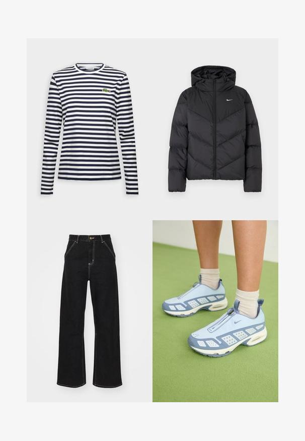 Juodas pūkinis švarkas su užtrauktuku ir gobtuvu. Kūno chevrono raštas, ant krūtinės yra mažas baltas logotipas. Glotni tekstūra.; Ilgų rankovių marškinėliai su mėlynai ir balta horizontaliomis juostelėmis, apvalia iškirpte ir išsiuvinėta žalia krokodilo logotipu ant krūtinės.; Juodi platūs džinsai, pagaminti iš džinsinio audinio, su kontrastingomis baltomis siūlėmis ir priekiniais mygtukais, turintys du kampinius priekinio kišenes.; Šviesiai mėlynos sportinės batuokai su baltais akcentais, tekstūruotais paneliais ir užtrauktuku. Yra matoma oro amortizavimo padas ir guminis padas.