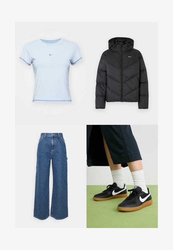 Juodas pūkinis švarkas su užtrauktuku ir gobtuvu. Kūno chevrono raštas, ant krūtinės yra mažas baltas logotipas. Glotni tekstūra.; Šviesiai mėlynas medvilninis marškinėlis su apvalia iškirpte, trumpomis rankovėmis ir mažu juodu Nike logotipu krūtinėje; turi kontrastingą siuvinėjimą aplink rankoves.; Plačios mėlynos džinsinės kelnes su aukštu juosmeniu, kontrastingais siūlais ir šoninėmis kišenėmis, turinčios klasikinį penkių kišenių dizainą ir brutalius kraštus.; Juodos odinės ir sintetinių medžiagų sportbačiai su balta Nike swoosh, guminis padas, apvalus pirštas ir juodi raišteliai. Matomos banguotos baltos kojinės.