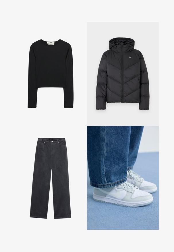 Černá péřová bunda s zipovým zapínáním a kapucí. Chevron vzor na těle, s malým bílým logem na hrudi. Hladká textura.; Černý crop top s dlouhými rukávy vyrobený z lehkého materiálu, s kulatým výstřihem a přiléhavým střihem, s čistými švy a bez ozdob.; Široké kalhoty z tmavě šedého kordu, s knoflíkovým zapínáním, čtyřmi kapsami a měkkým strukturovaným povrchem.; Nike tenisky v bílé a světle šedé kůži s perforovanou špičkou, plochými tkaničkami a gumovou podrážkou, spárovány s modrými džíny.
