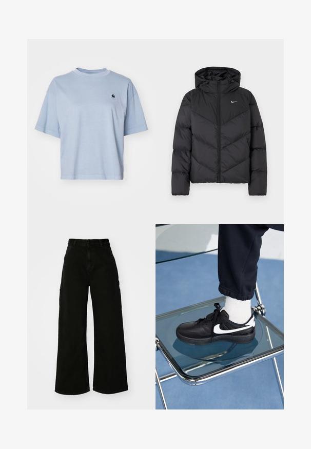Zwarte pufferjack met een ritssluiting en een capuchon. Chevronpatroon op het lichaam, met een klein wit logo op de borst. Glad textuur.; Carhartt WIP NELSON - T-shirt basic - dusty ice; Zwarte wijde cargobroek van denim, met een hoge taille, sluiting met een knop aan de voorkant en zijzakken. Gladde textuur met minimale stiksels.; Zwarte Nike sneakers met witte accenten, met een gladde leren textuur, vetersluiting en ronde neus, geplaatst op een glazen stoel.