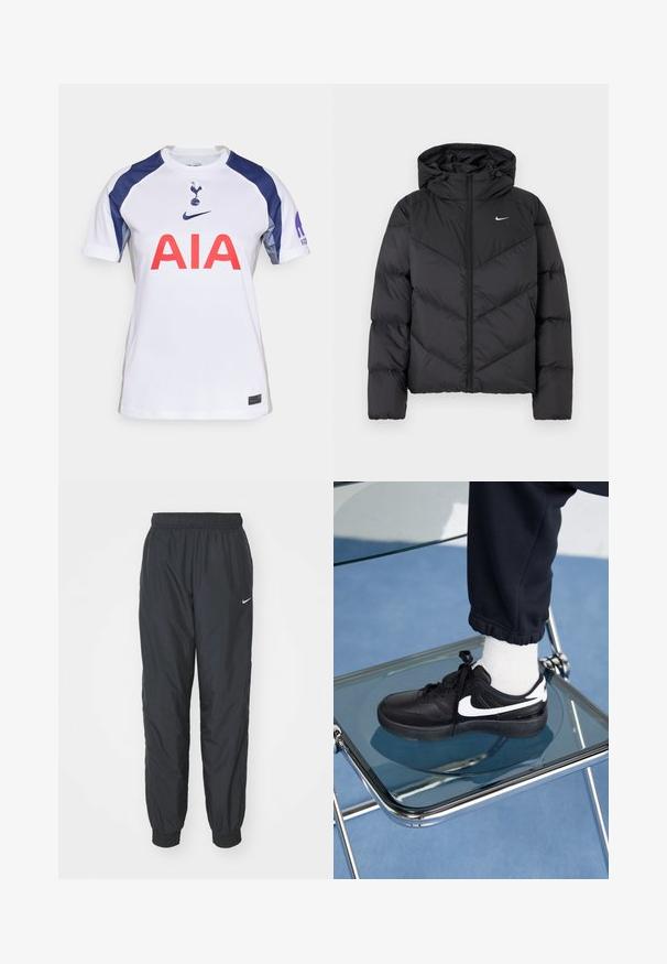 Schwarze Puffjacke mit Reißverschluss und Kapuze. Chevronmuster auf dem Körper, mit einem kleinen weißen Logo auf der Brust. Glatte Textur.; Weißes Kurzarm-Fußballtrikot mit marineblauen Akzenten, ausgestattet mit einem Rundhalsausschnitt, großem rotem "AIA"-Logo und Vereinswappen auf der Brust.; Schwarze Nike Jogginghosen aus leichtem Material, mit elastischem Bund und Bündchen, versehen mit einem kleinen weißen Logo am linken Bein.; Schwarze Nike-Sneaker mit weißen Akzenten, die über eine glatte Ledertextur, ein Schnürdesign und eine abgerundete Zehenform verfügen, platziert auf einem Glasstuhl.