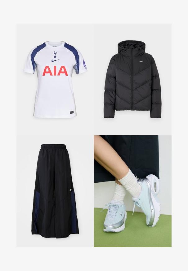Doudoune noire avec fermeture éclair et capuche. Motif en chevrons sur le corps, avec un petit logo blanc sur la poitrine. Texture lisse.; Maillot de football blanc à manches courtes avec des accents bleu marine, présentant un col rond, un grand logo rouge "AIA" et l'emblème de l'équipe sur la poitrine.; Pantalons larges noirs en tissu léger, avec un panneau latéral bleu marine et une taille élastique. Petit logo blanc en bas.; Baskets bleu clair avec accents argentés, dessus texturé, semelle rembourrée et unité d'air visible. Associées à des chaussettes blanches côtelées.