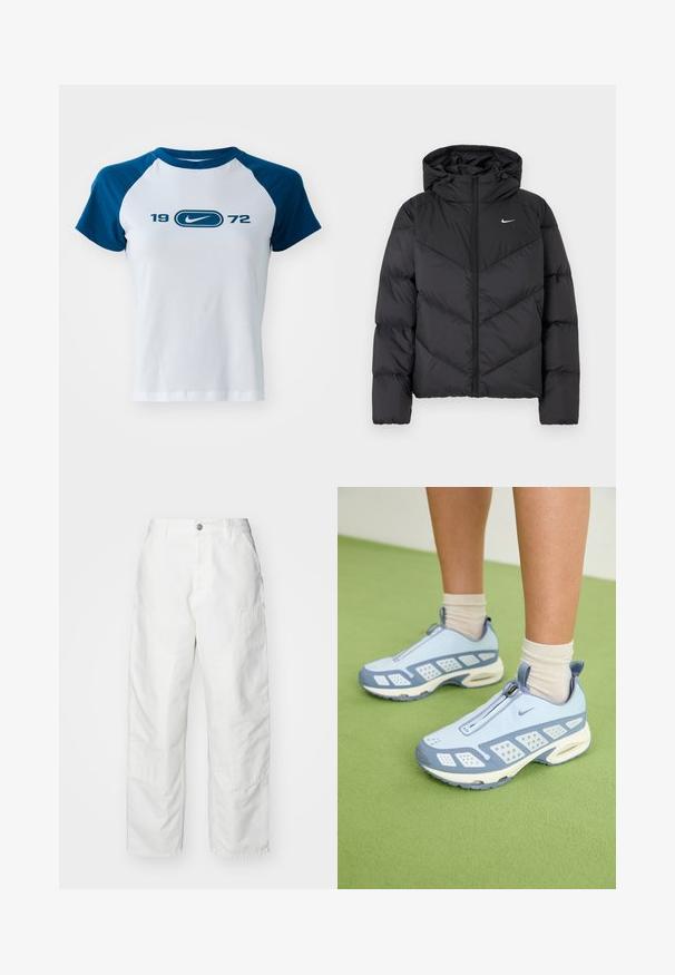 Juodas pūkinis švarkas su užtrauktuku ir gobtuvu. Kūno chevrono raštas, ant krūtinės yra mažas baltas logotipas. Glotni tekstūra.; Baltos medvilnės marškinėliai su mėlynomis raglan rankovėmis, su centriniu logotipu ir po juo mėlynai atspausdintu "1972". Trumpomis rankovėmis ir apvaliu kaklu.; Balti džinsiniai cargo kelnės, turinčios laisvą siluetą, šonines kišenes ir matomus siuvimo detales. Paprastas priekinis dizainas su mygtuko uždarymu.; Šviesiai mėlynos sportinės batuokai su baltais akcentais, tekstūruotais paneliais ir užtrauktuku. Yra matoma oro amortizavimo padas ir guminis padas.