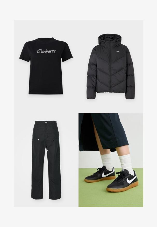 Black puffer jacket featuring a zip closure and a hood. Chevron pattern on the body, with a small white logo on the chest. Smooth texture.; Black cotton t-shirt with short sleeves and a round neckline. Features "Carhartt" logo in white, textured, chain-like design across the chest.; Black trousers with a straight-leg design, made of a textured fabric. Features decorative silver hardware and unique seam detailing.; Black leather and synthetic sneakers with white Nike swoosh, rubber gum sole, round toe, and black laces. Ribbed white socks visible.