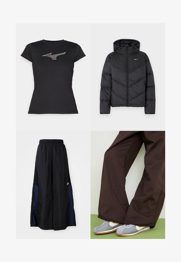 Juodas pūkinis švarkas su užtrauktuku ir gobtuvu. Kūno chevrono raštas, ant krūtinės yra mažas baltas logotipas. Glotni tekstūra.; Juodas trumpas rankovėmis marškinėliai, pagaminti iš medvilnės, su baltu geometriniu Mizuno logotipu priekyje. Klasikinio apvalaus kaklo dizainas.; Juodos plačios kojų kelnės, pagamintos iš lengvos medžiagos, su tamsiai mėlyna šonine juostele ir elastinga juosmens juosta. Maža balta logotipo etikete apačioje.; Rudi plačiai kirpti kelnės su lygia tekstūra ir šoninėmis siūlėmis, derinamos su pilkomis ir baltomis retro stiliaus sportbačiais su guminiais padais.